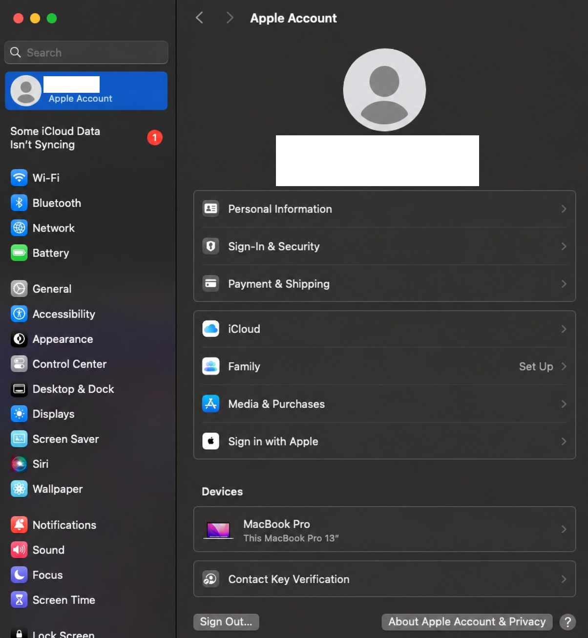 iCloud sync issue in System Settings